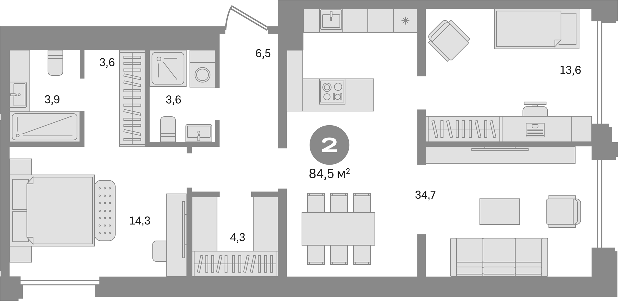 Планировка — Дом А, 2-комн., 85 м²