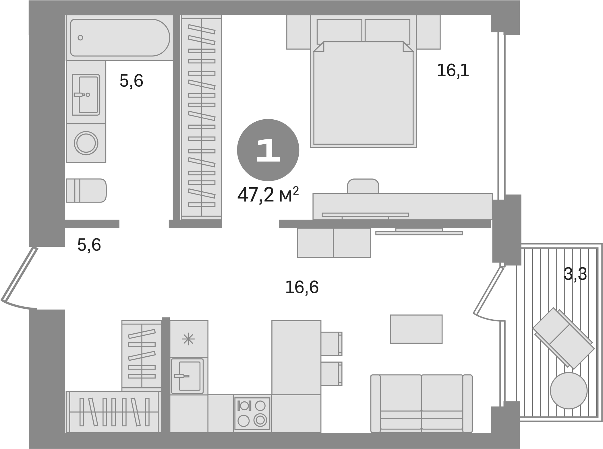 Планировка — Дом А, 1-комн., 46 м²