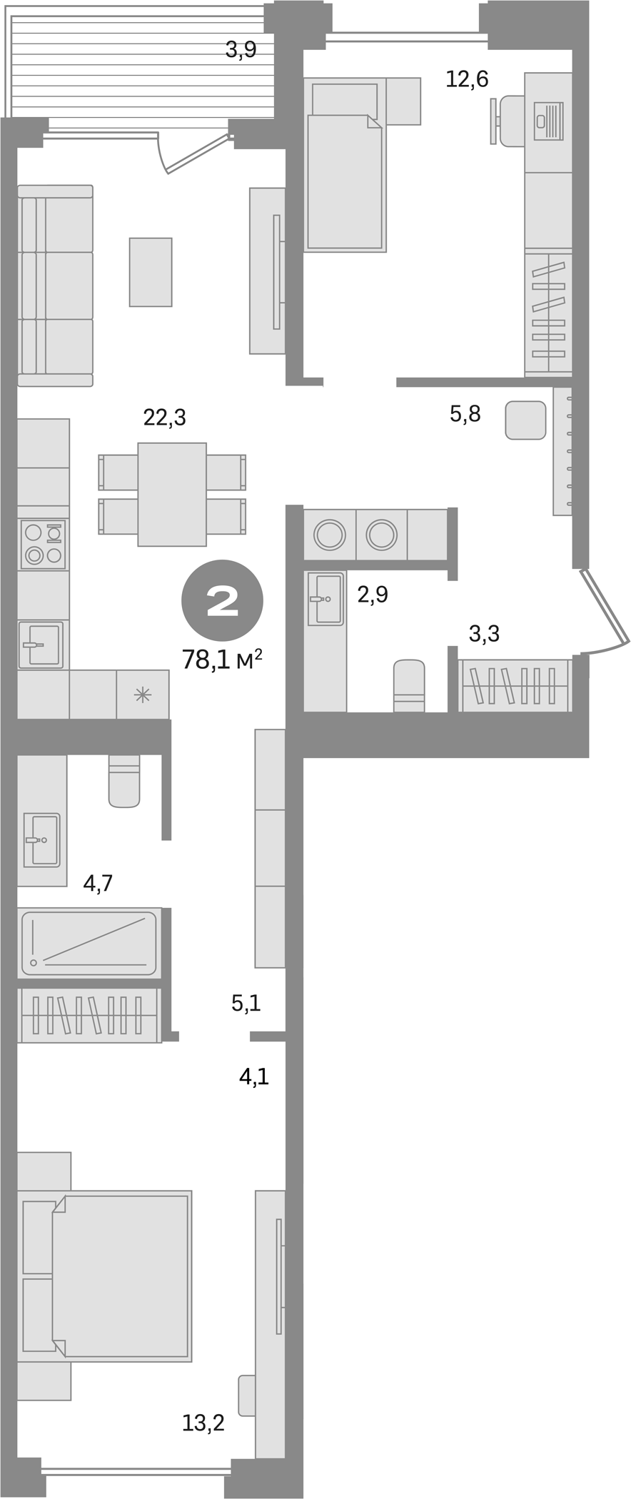 Планировка — Дом А, 2-комн., 74 м²