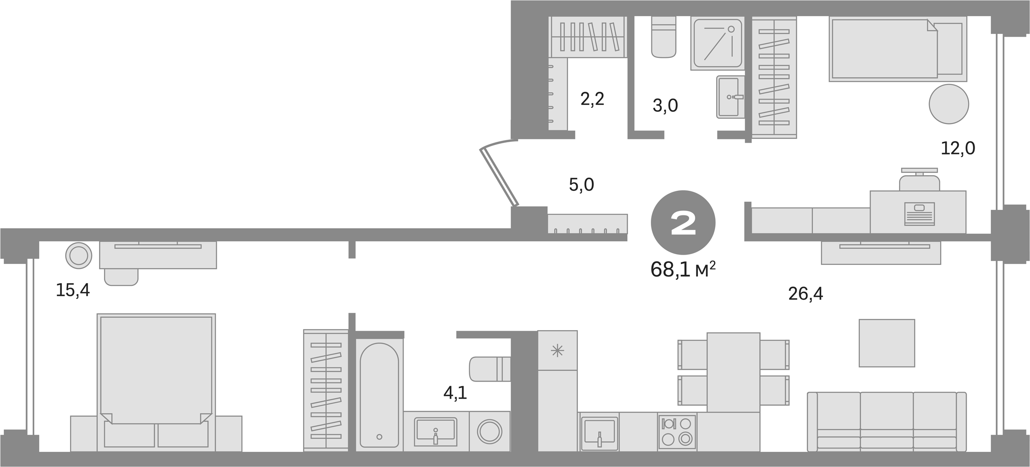 Планировка — Дом А, 2-комн., 68 м²