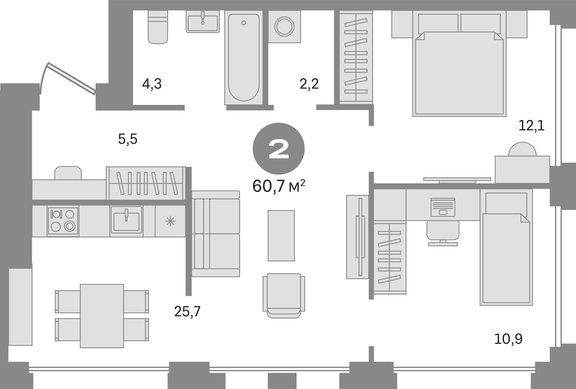 Планировка — Дом А, 2-комн., 61 м²