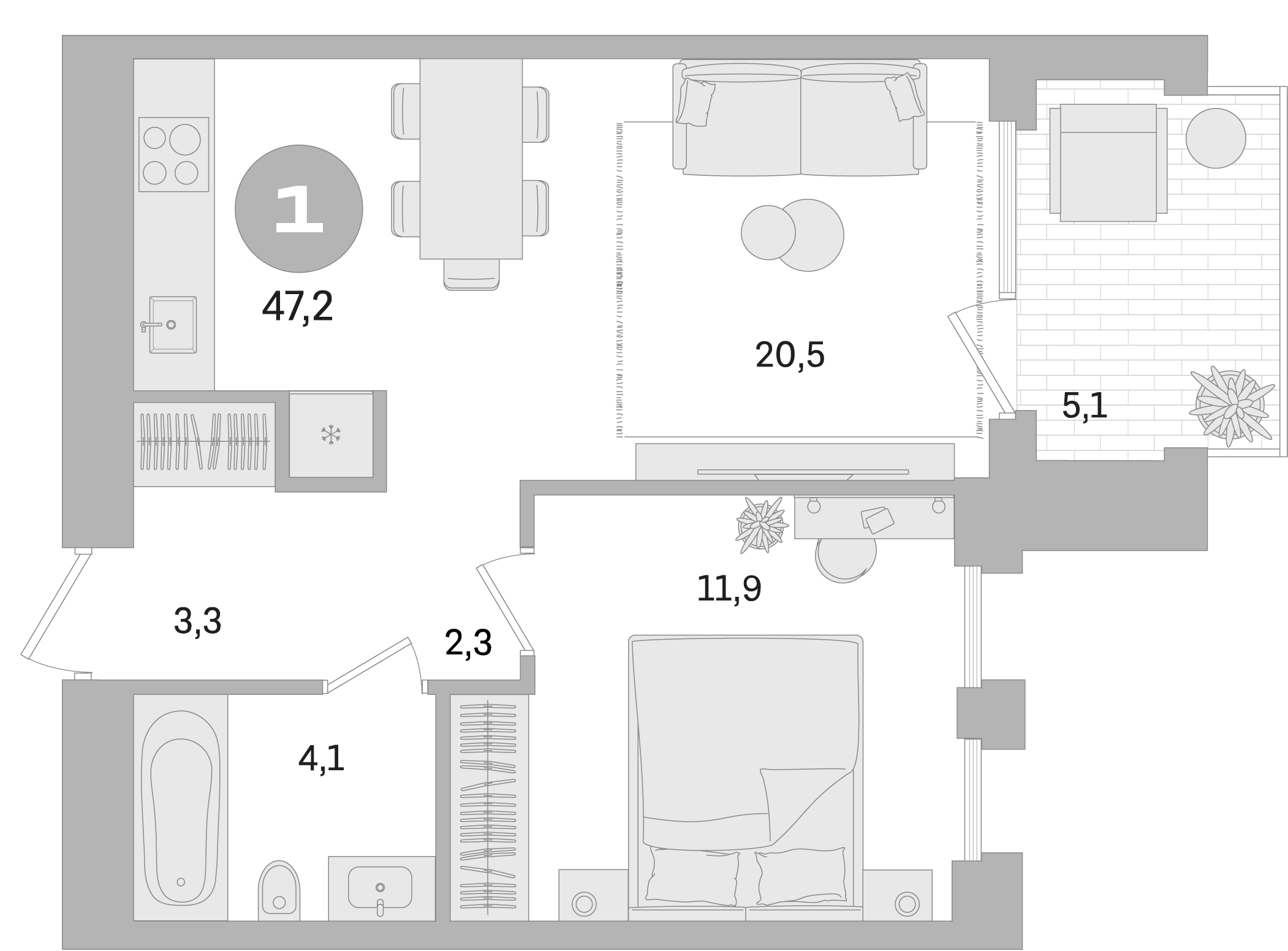 Планировка — Дом А, 1-комн., 42 м²