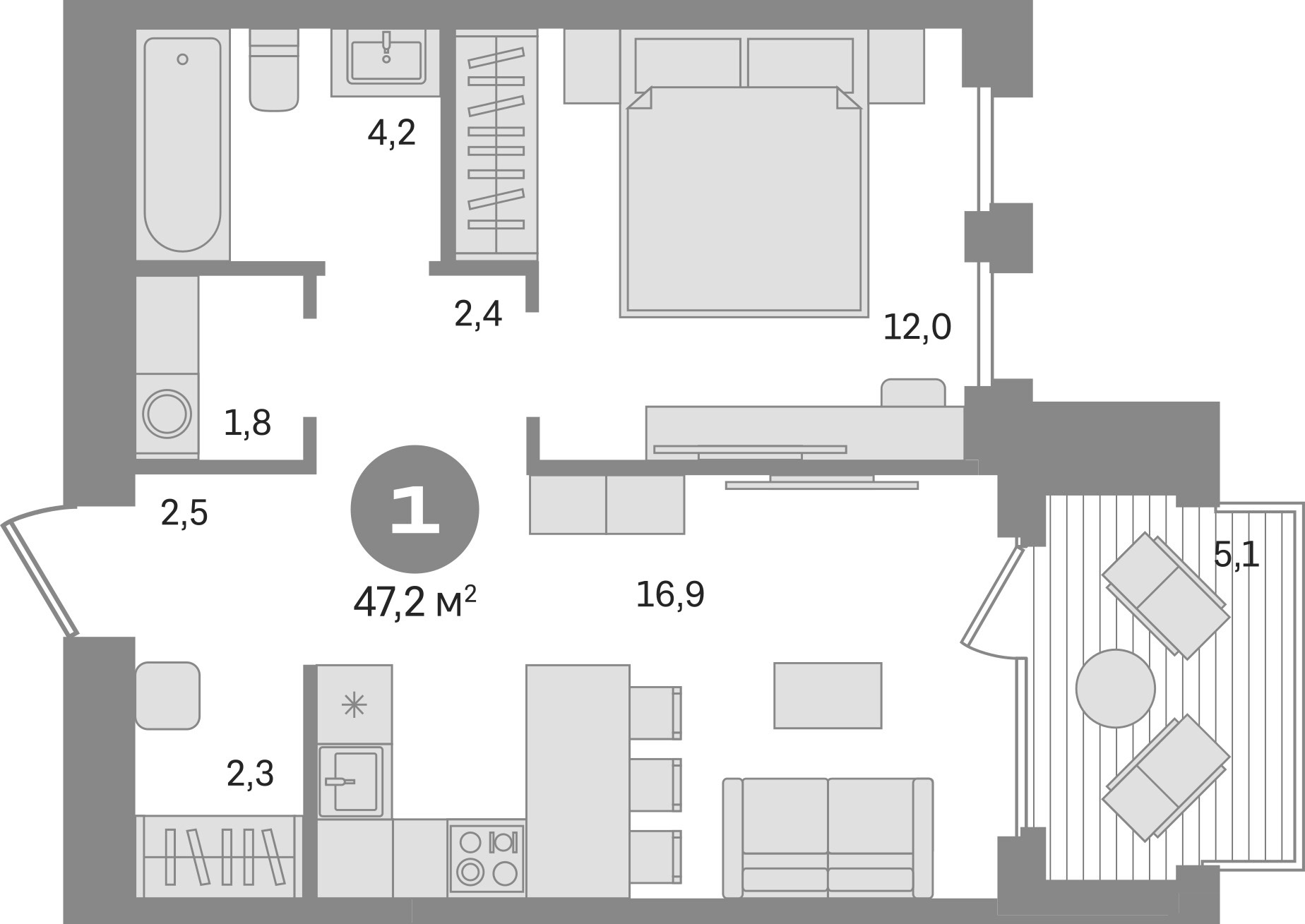 Планировка — Дом А, 1-комн., 42 м²