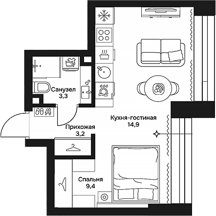 Планировка — Дом 7 Даниловский, Студия, 31 м²