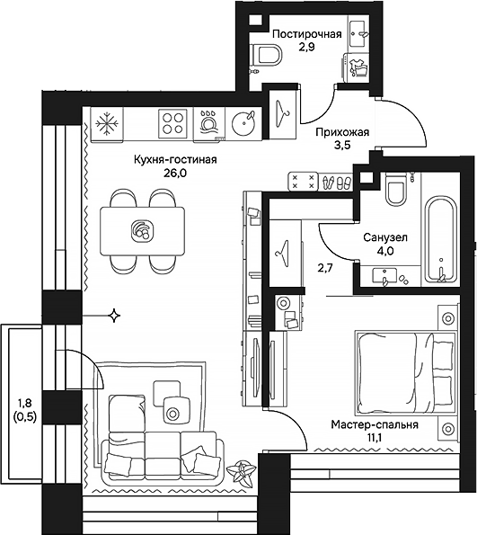 Планировка — Дом 7 Даниловский, 2-комн., 50 м²