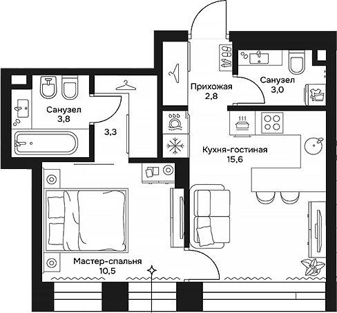 Планировка — Дом 7 Даниловский, 2-комн., 39 м²
