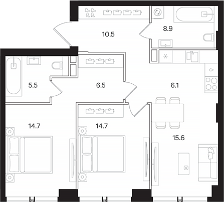 Планировка — АУРА. Мангазея на Тульской, 3-комн., 80 м²