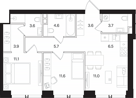Планировка — АУРА. Мангазея на Тульской, 3-комн., 65 м²