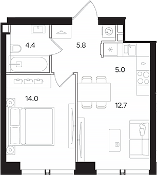 Планировка — АУРА. Мангазея на Тульской, 2-комн., 42 м²
