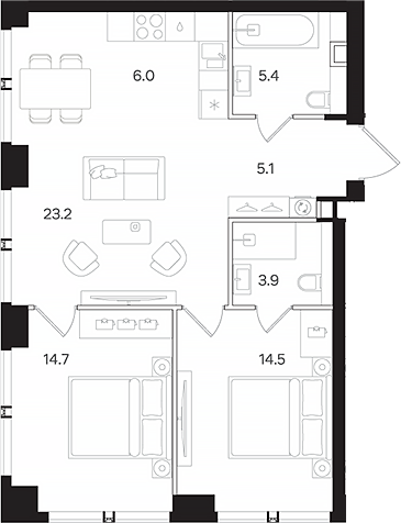 Планировка — АУРА. Мангазея на Тульской, 3-комн., 73 м²