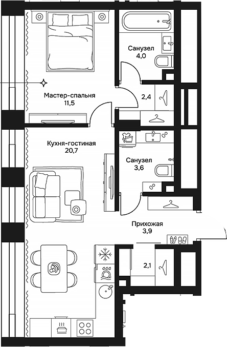 Планировка — Дом 7 Даниловский, 2-комн., 48 м²