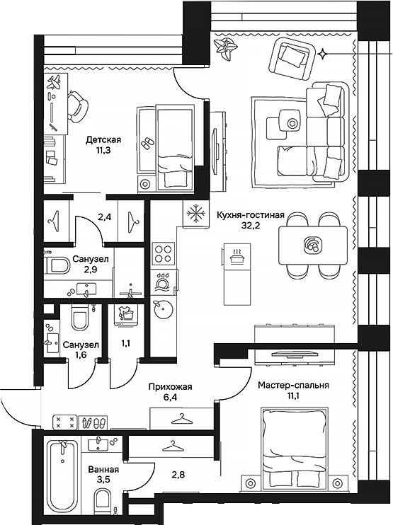 Планировка — Дом 7 Даниловский, 3-комн., 75 м²