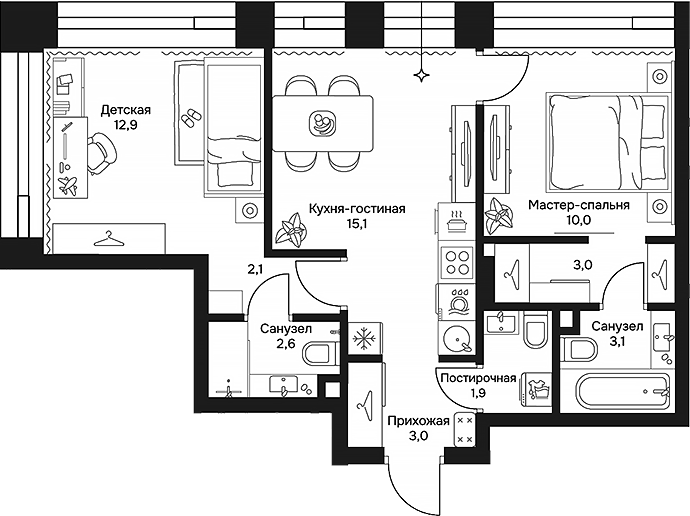 Планировка — Дом 7 Даниловский, 3-комн., 54 м²
