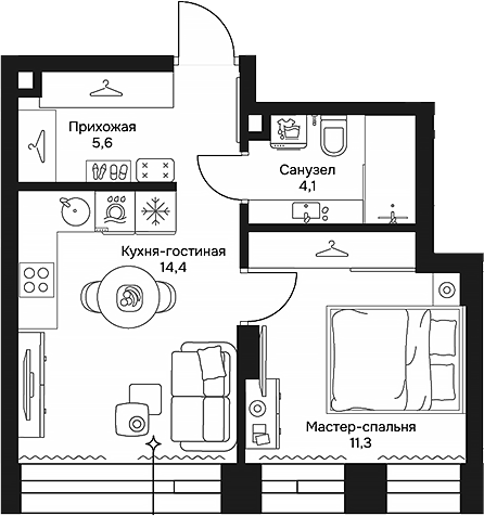 Планировка — Дом 7 Даниловский, 2-комн., 35 м²