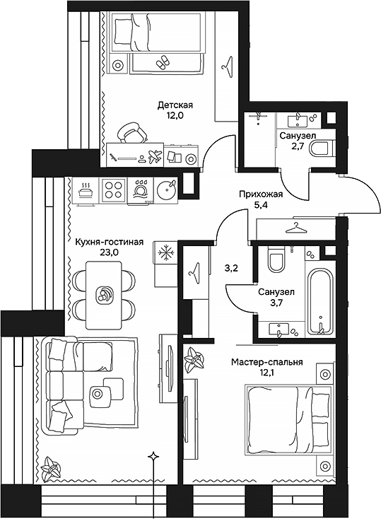 Планировка — Дом 7 Даниловский, 3-комн., 62 м²
