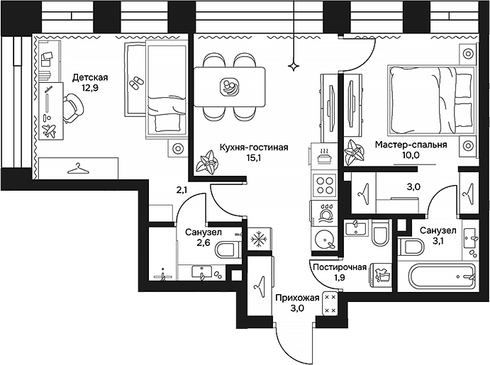 Планировка — Дом 7 Даниловский, 3-комн., 54 м²