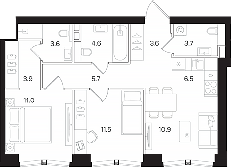 Планировка — АУРА. Мангазея на Тульской, 3-комн., 65 м²