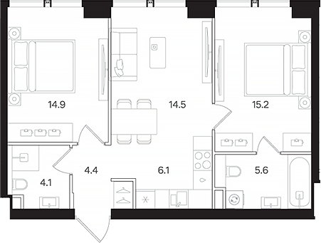 Планировка — АУРА. Мангазея на Тульской, 3-комн., 65 м²