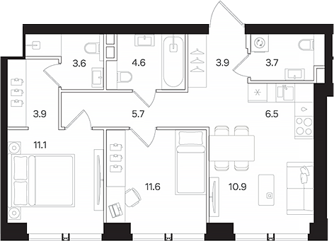 Планировка — АУРА. Мангазея на Тульской, 3-комн., 65 м²