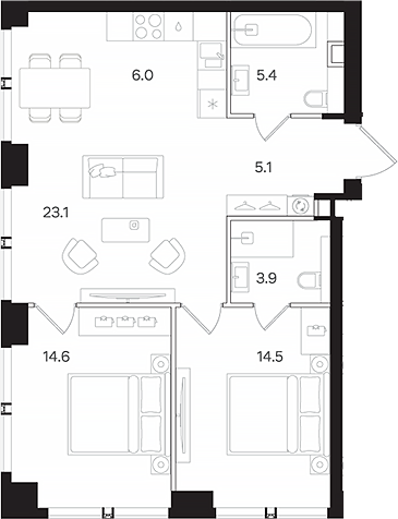 Планировка — АУРА. Мангазея на Тульской, 3-комн., 73 м²
