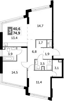 Планировка — Rotterdam, 3-комн., 75 м²