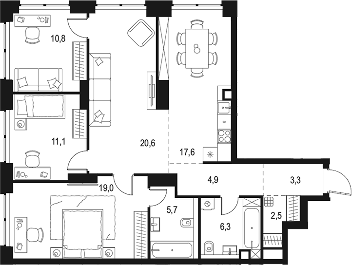 Планировка — Левел Звенигородская, 4-комн., 102 м²