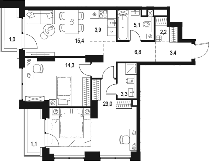 Планировка — Левел Звенигородская, 3-комн., 77 м²