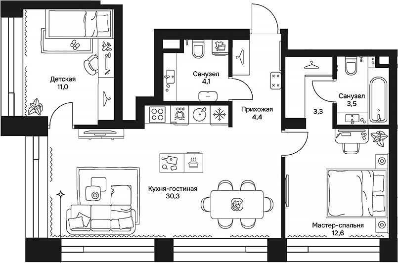Планировка — Дом 7 Даниловский, 3-комн., 69 м²