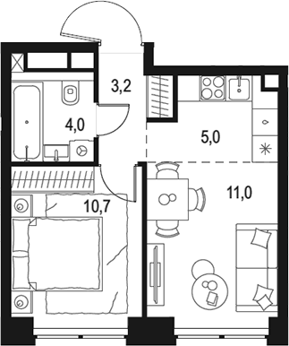 Планировка — Левел Звенигородская, 2-комн., 34 м²