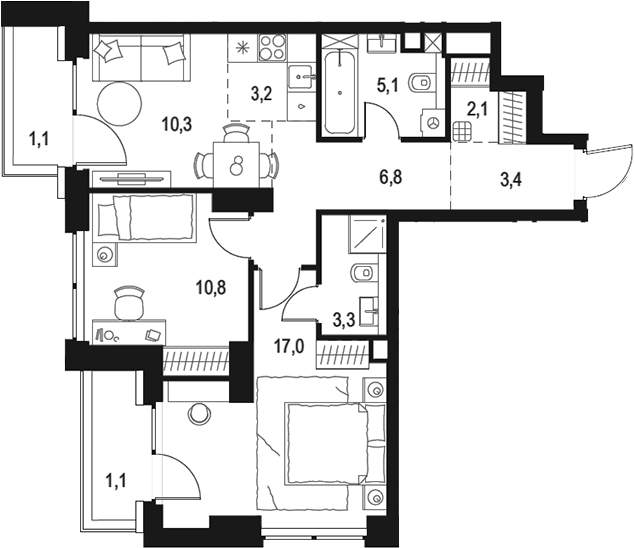 Планировка — Левел Звенигородская, 3-комн., 62 м²