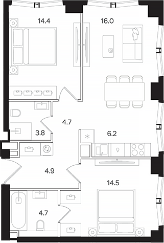 Планировка — АУРА. Мангазея на Тульской, 3-комн., 69 м²