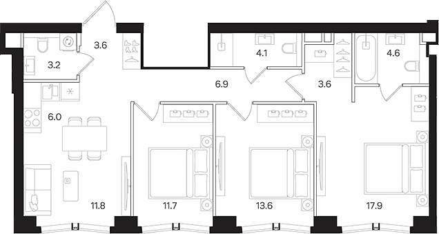 Планировка — АУРА. Мангазея на Тульской, 4-комн., 87 м²