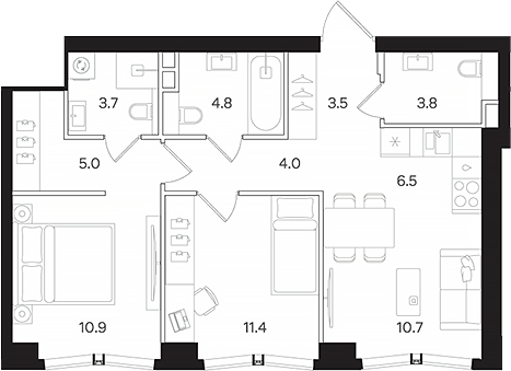 Планировка — АУРА. Мангазея на Тульской, 3-комн., 64 м²