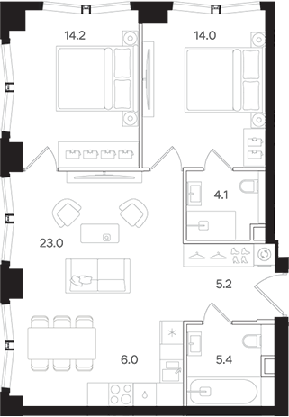 Планировка — АУРА. Мангазея на Тульской, 3-комн., 72 м²
