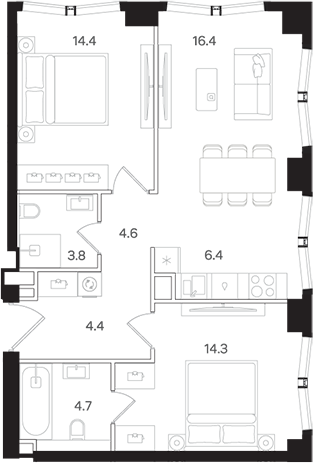 Планировка — АУРА. Мангазея на Тульской, 3-комн., 69 м²