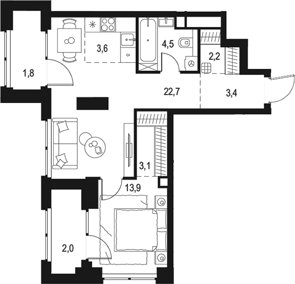 Планировка — Левел Звенигородская, 2-комн., 53 м²