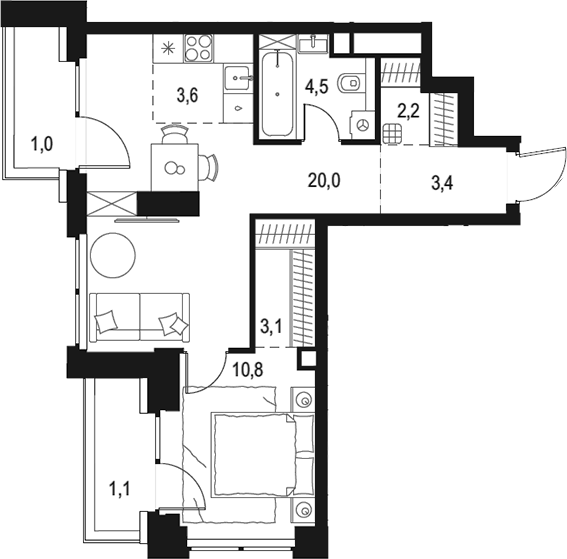 Планировка — Левел Звенигородская, 2-комн., 48 м²