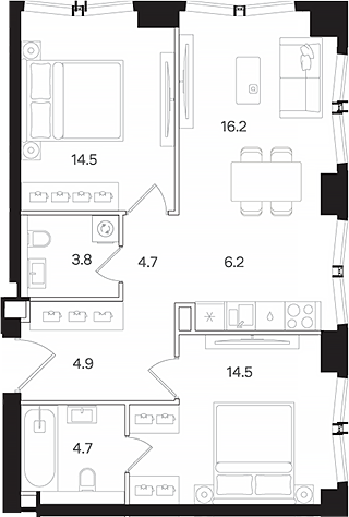 Планировка — АУРА. Мангазея на Тульской, 3-комн., 70 м²
