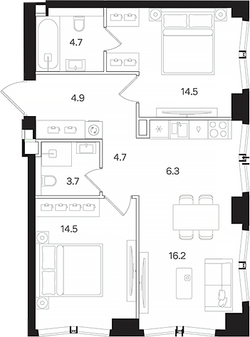 Планировка — АУРА. Мангазея на Тульской, 3-комн., 70 м²