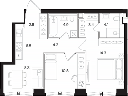 Планировка — АУРА. Мангазея на Тульской, 3-комн., 59 м²