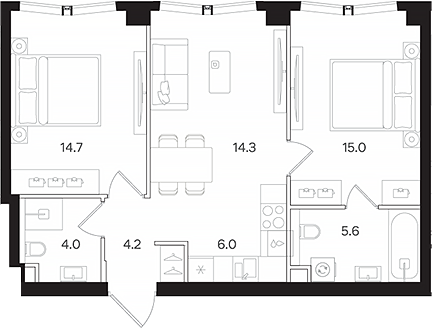 Планировка — АУРА. Мангазея на Тульской, 3-комн., 64 м²