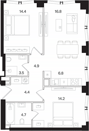 Планировка — АУРА. Мангазея на Тульской, 3-комн., 70 м²