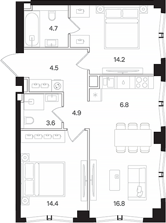 Планировка — АУРА. Мангазея на Тульской, 3-комн., 70 м²