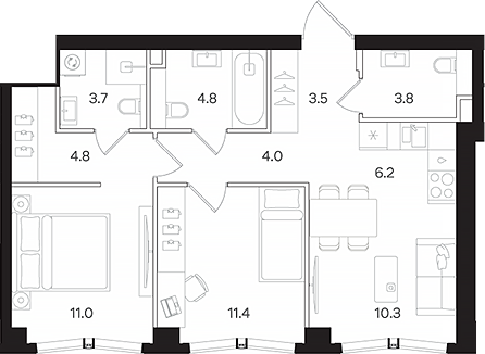 Планировка — АУРА. Мангазея на Тульской, 3-комн., 64 м²