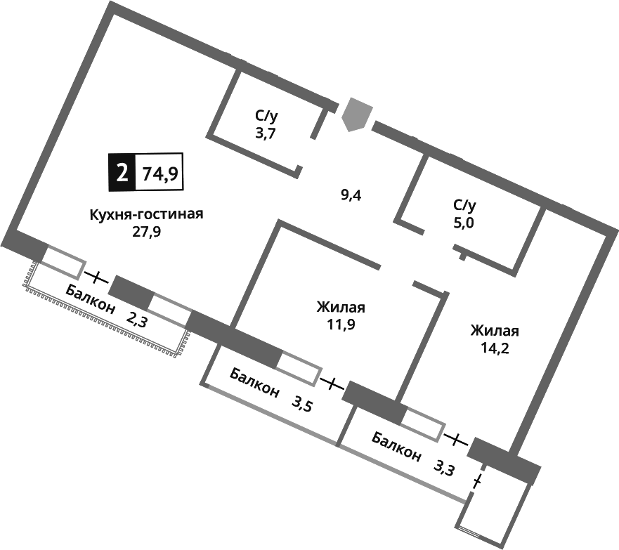 Планировка — Отрада на реке, 3-комн., 72 м²