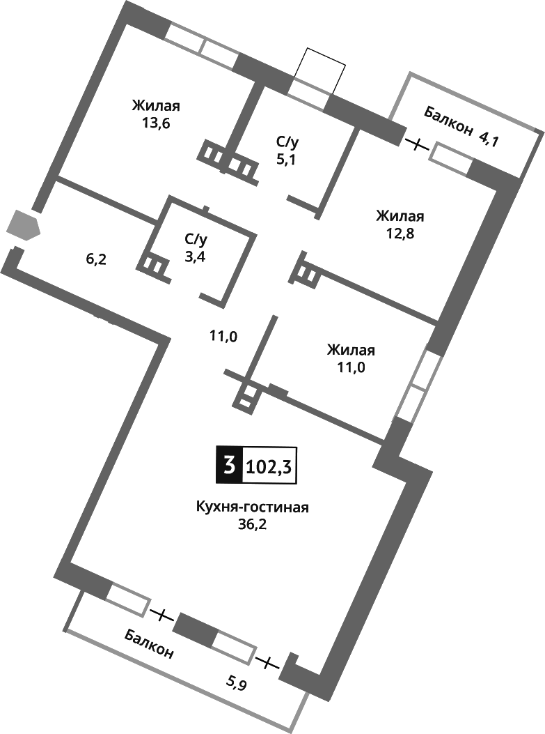 Планировка — Отрада на реке, 4-комн., 99 м²