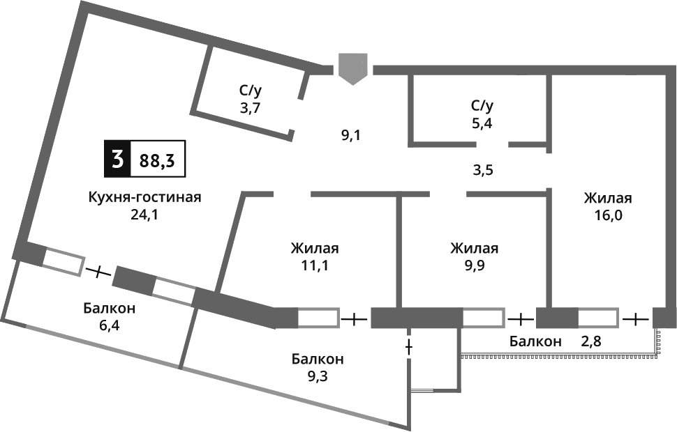 Планировка — Отрада на реке, 4-комн., 83 м²