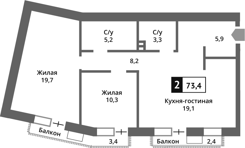 Планировка — Отрада на реке, 3-комн., 72 м²