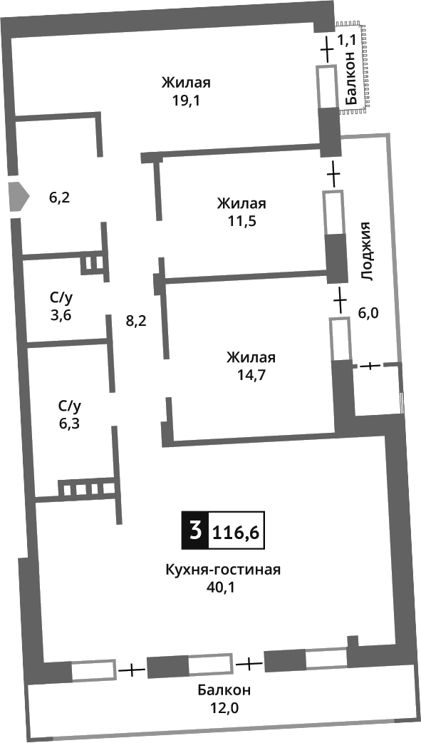Планировка — Отрада на реке, 4-комн., 110 м²