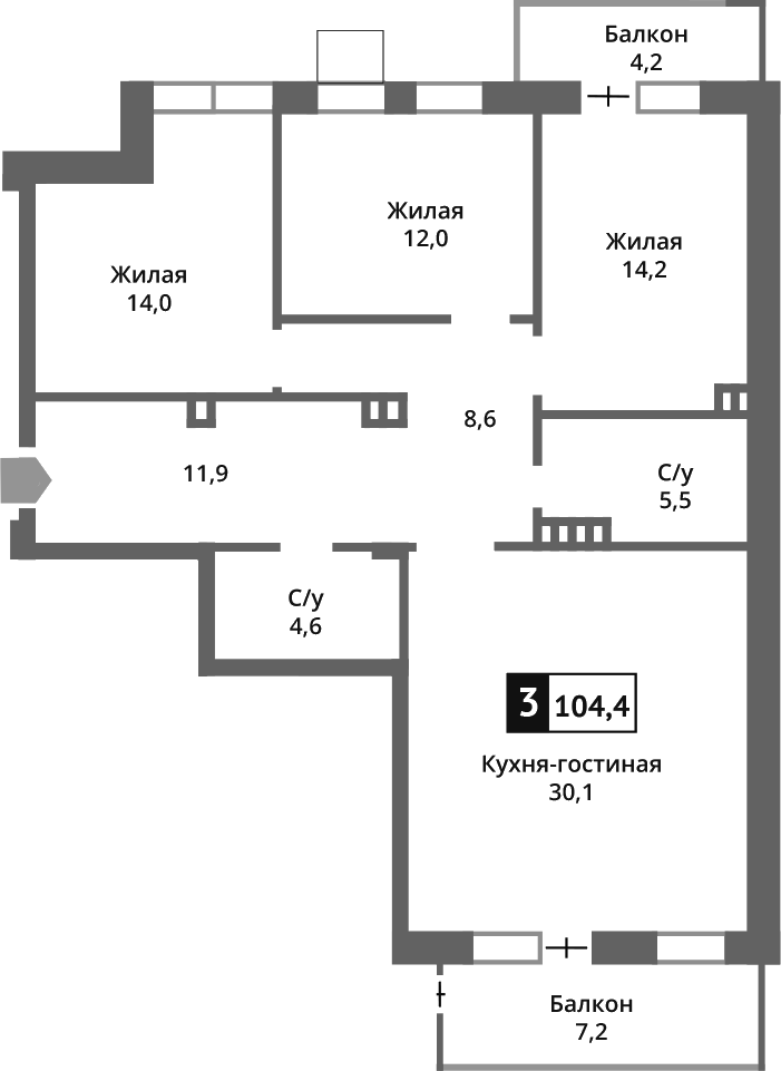 Планировка — Отрада на реке, 4-комн., 101 м²
